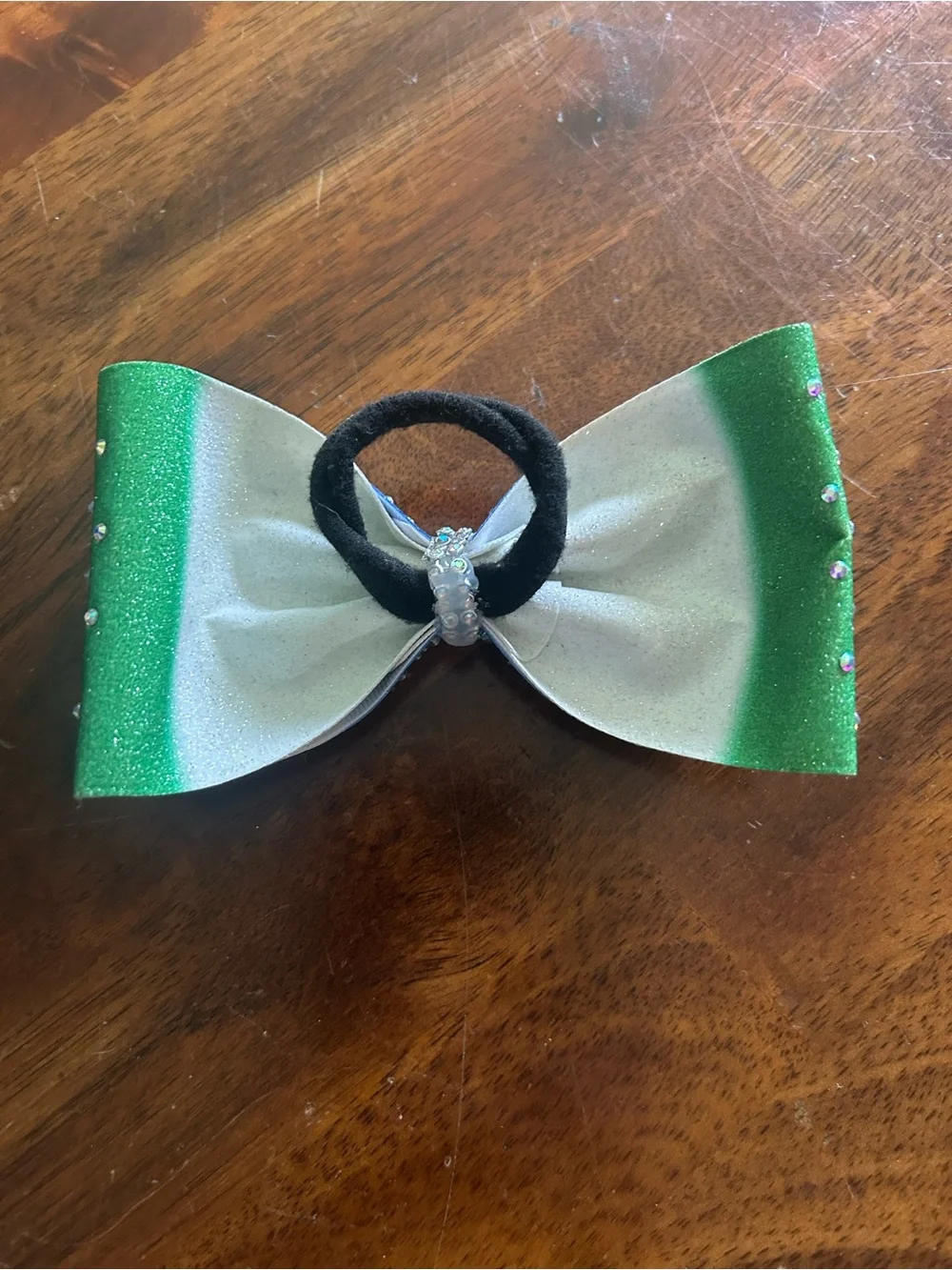 Sparkle Bow Hair Tie - Green, Blue & White Rhinestone Accent CHEER